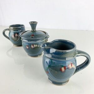 Vintage Studio Pottery Mug Sugar / Honey Creamer Set Signed Blue Green Abstract
